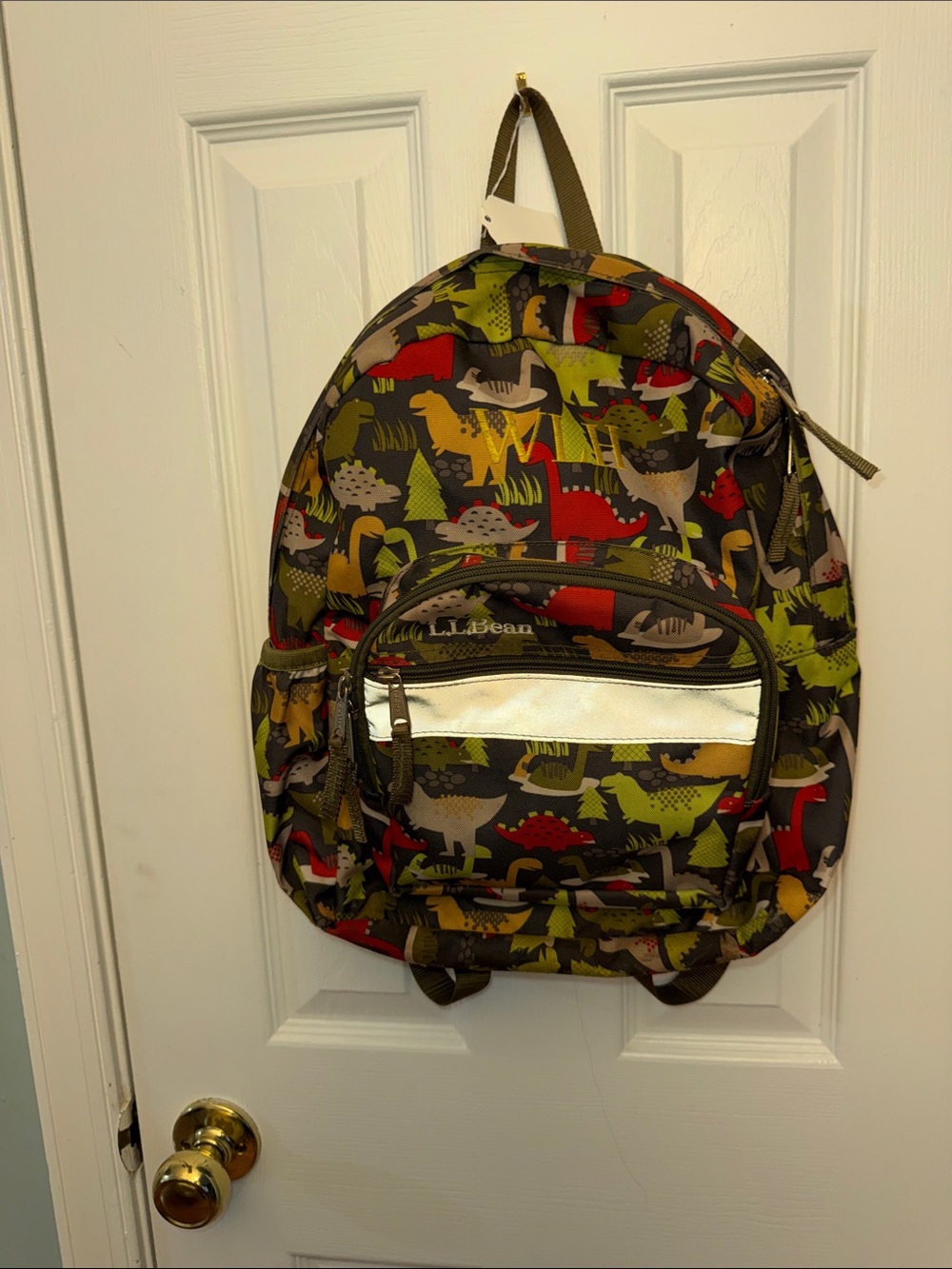 L. L. Bean Kids Dinosaur Backpack in Olive Green with Red, Yellow & Gray Accent